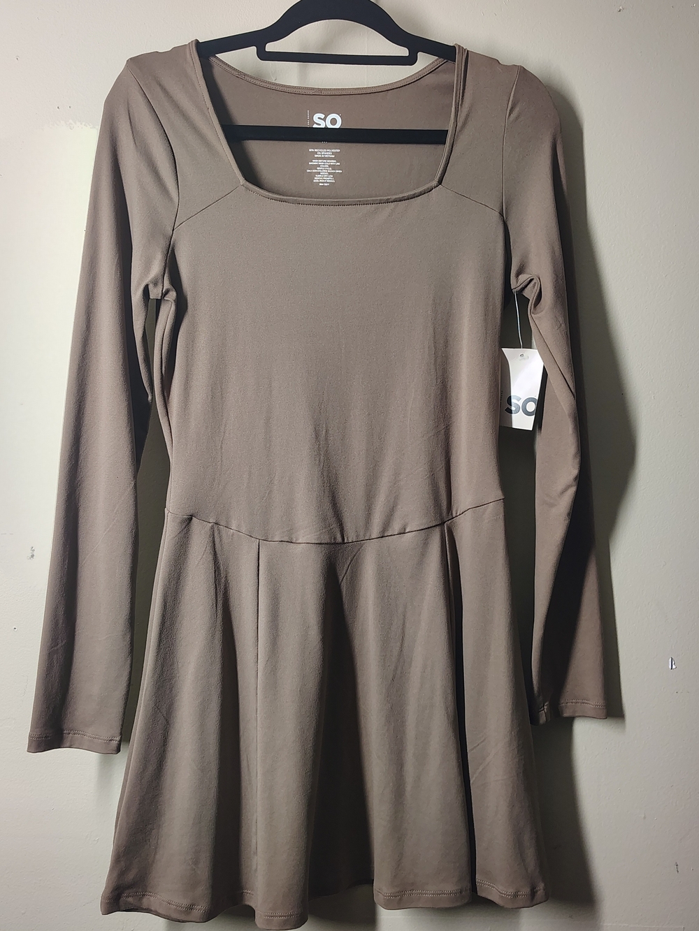 SO Women's Long Sleeve Square Neck Fit & Flare Dress in Taupe